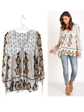 Free People 60s Down By the Bay Tunic Top White Gold Black, XS